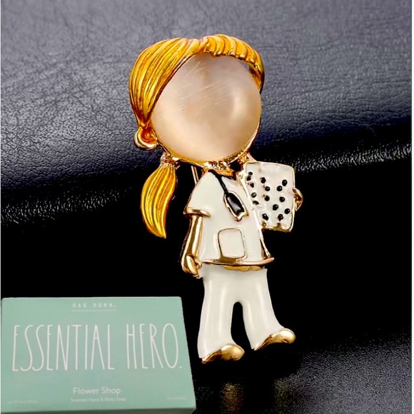 Rae Dunn Accessories - Woman Nurse Doctor Enamel Pin with ESSENTIAL HERO Scented Hand/Body Soap